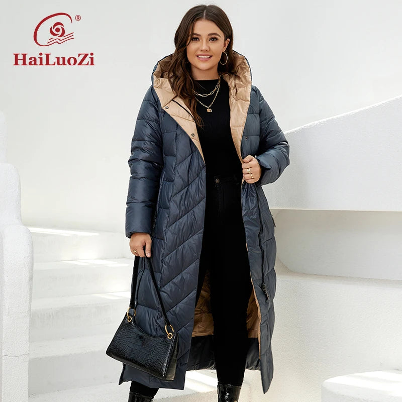 HaiLuoZi 2022 New Winter Women's Jackets Plus Size Mid-length Thick Hood Warm Zipper Belt Classic Casual Women Coat Parkas 6037