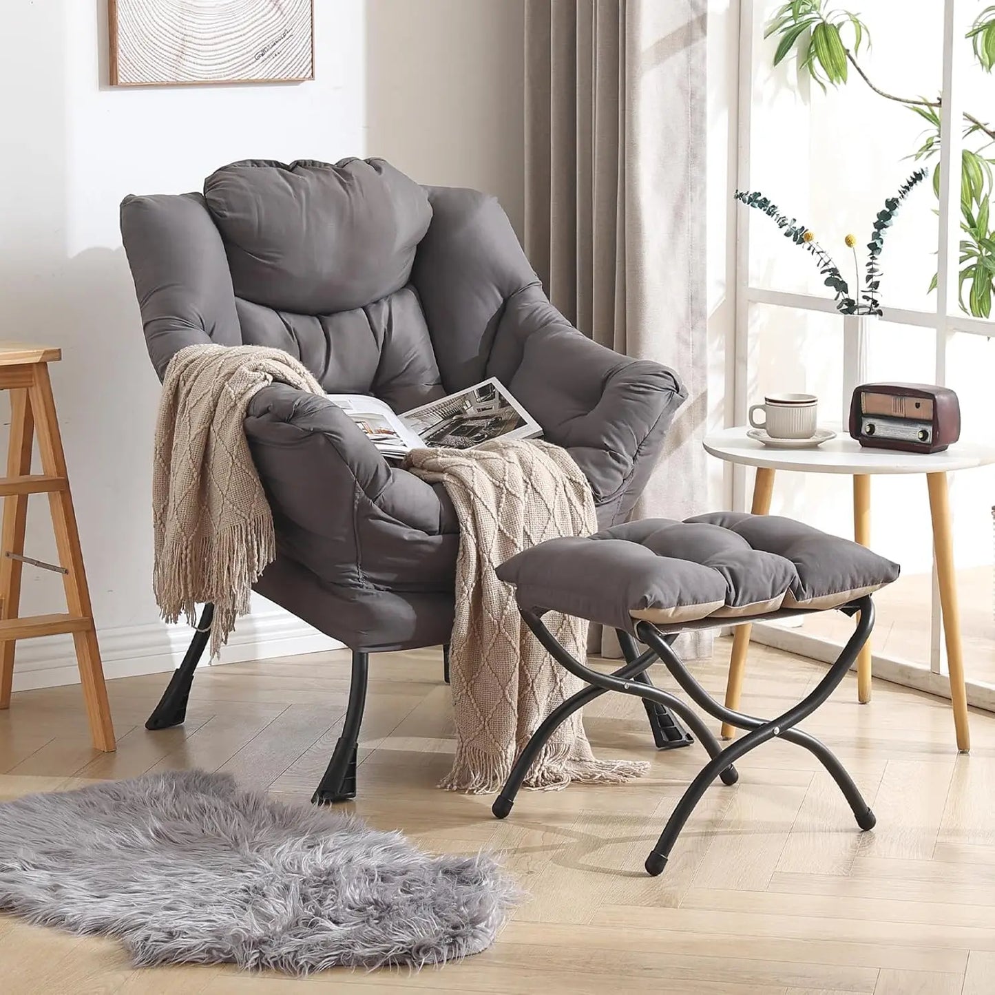 Chair with Ottoman, Modern Lounge Accent with Armrests and a Side Pocket, Leisure Upholstered Sofa Reading