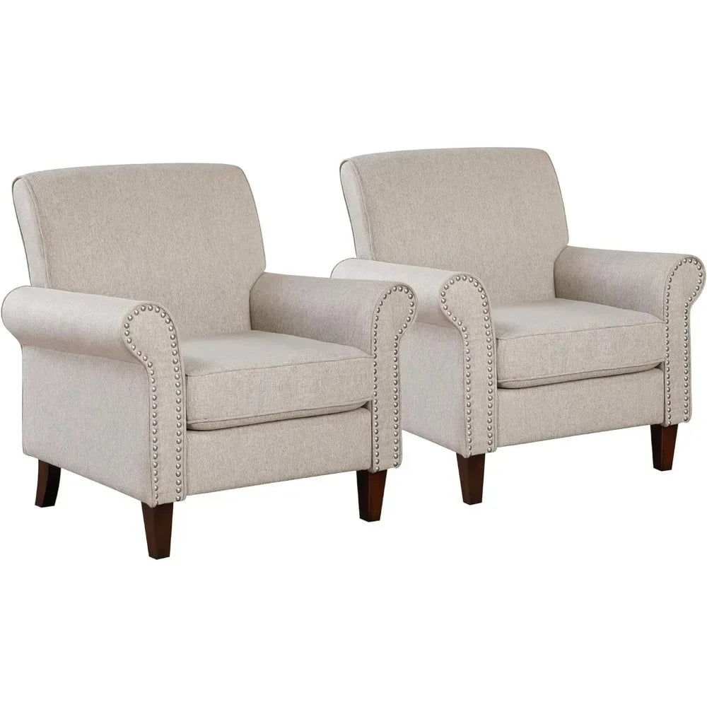 Living Room Chair Set of 2 with Cushion, Rolled Armrest, Nailhead Trim, Large Comfy Fabric Accent Chairs, Living Room Chair