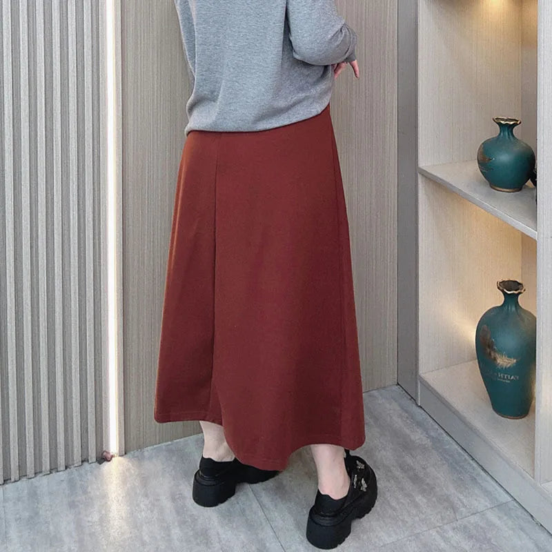 Red Woolen Umbrella Skirt Female Autumn Winter New Plus Size High Waist Loose MIDI Skirt 9280