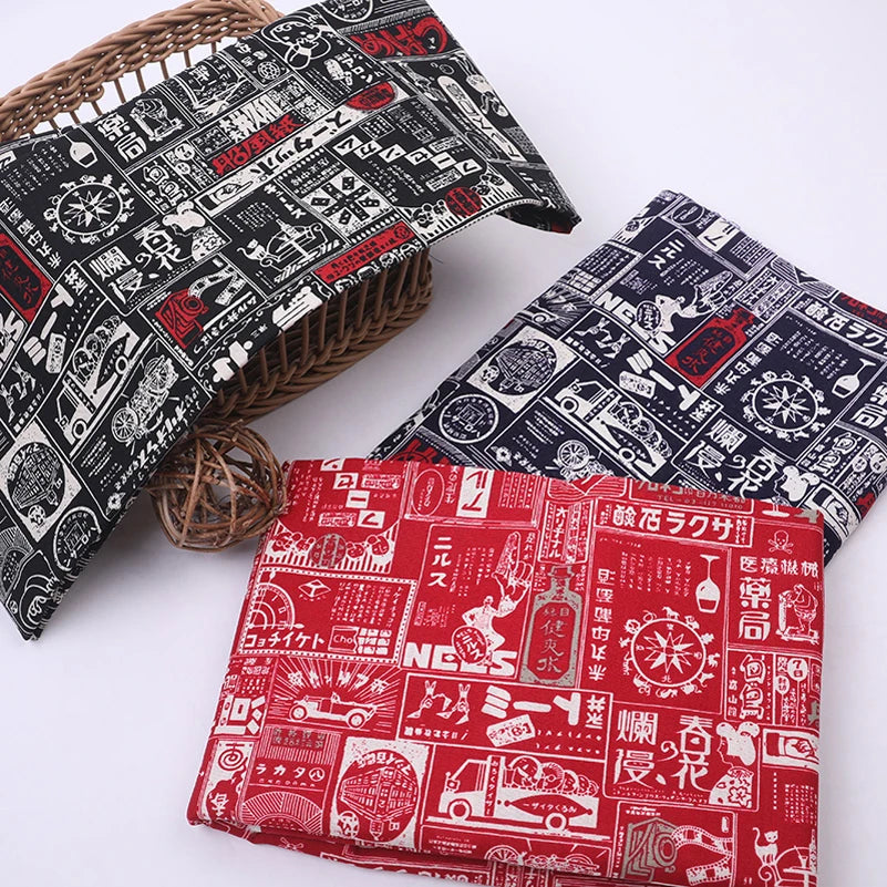 Japanese Style Newspaper Cotton Fabric Red Black Home Tablecloth DIY Handmade Cloth by Half Meter