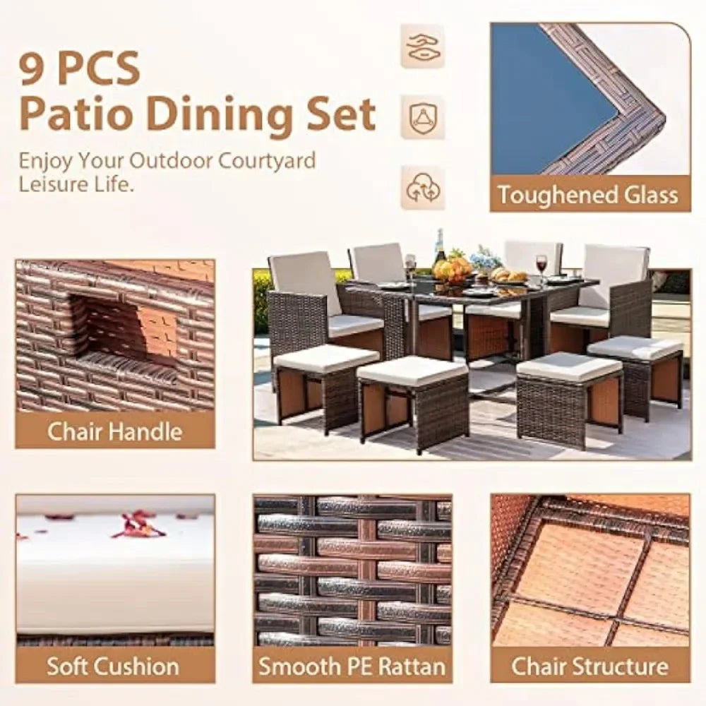 9 Pieces Dining Outdoor Furniture, Patio Wicker Rattan Chairs and Tempered Glass Table Sectional Conversation Set