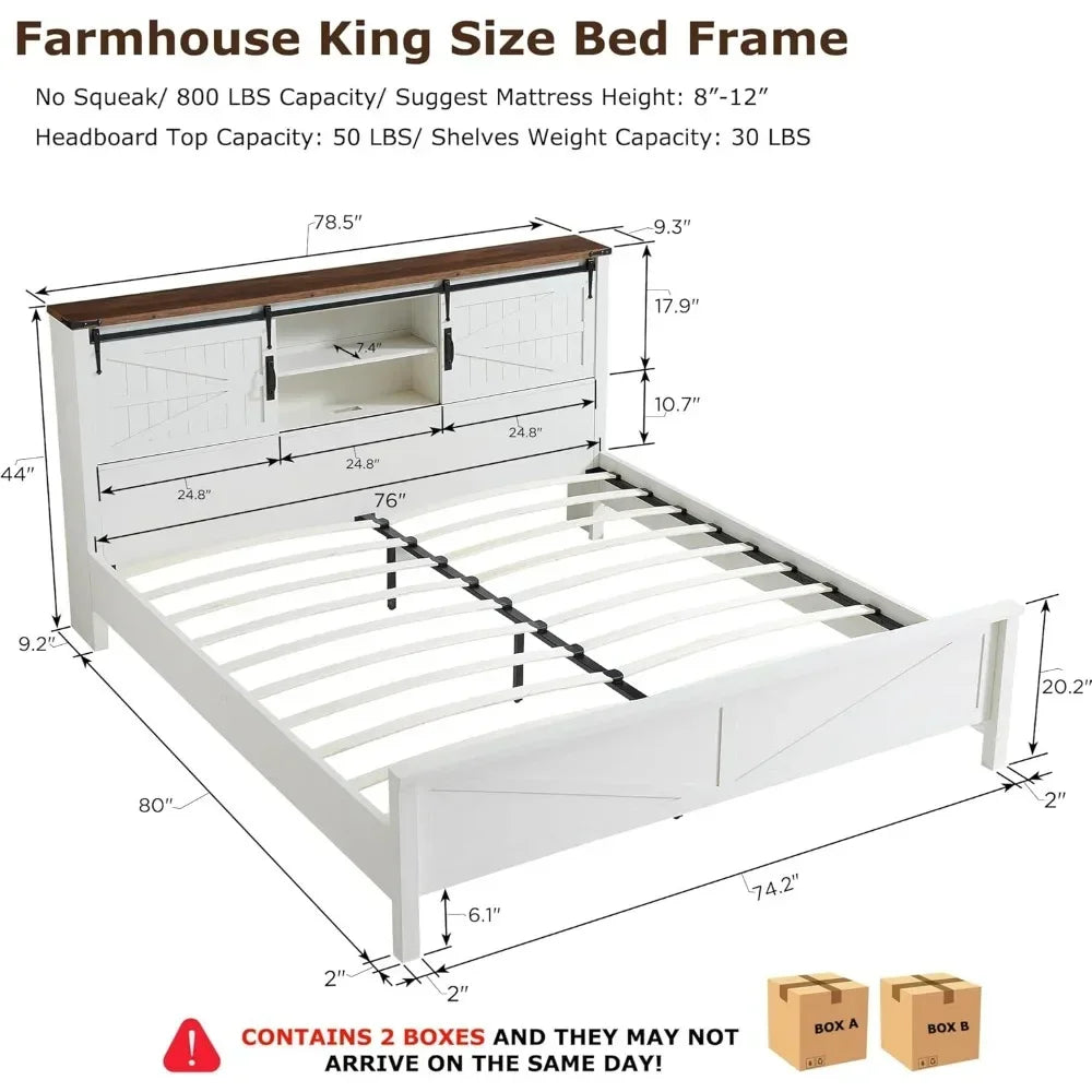 Farmhouse King Size Bed Frame w/Storage Bookcase Headboard,Charging Station,Rustic Wood Platform Bed w/Wood Slats Support