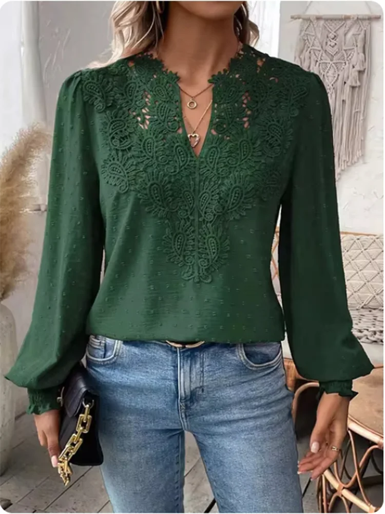 Luxury Solid Color V-Neck Long Sleeved Lace Top Women's Hollow T-Shirt Lady Elegant Office Autumn Spring Blouse Clothes