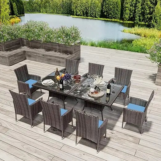 10 Pieces Patio Dining Set, with 2 Square Glass Tabletops 8 Chairs with Grey Cushions, Outdoor Rattan Furniture Dinning Set