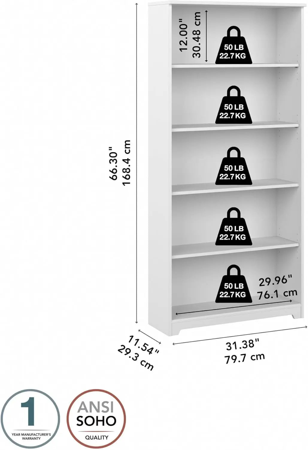 Tall 5 Shelf Bookcase | Large Open Bookshelf in White | Sturdy Display Cabinet for Library, Living Room, and Home Office