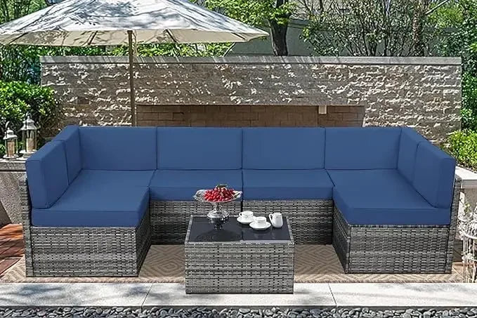 7 Pieces Patio Furniture Set, Modular Patio Set Wicker Outdoor Sectional Sofa Set PE Rattan Wicker Patio Conversation Set