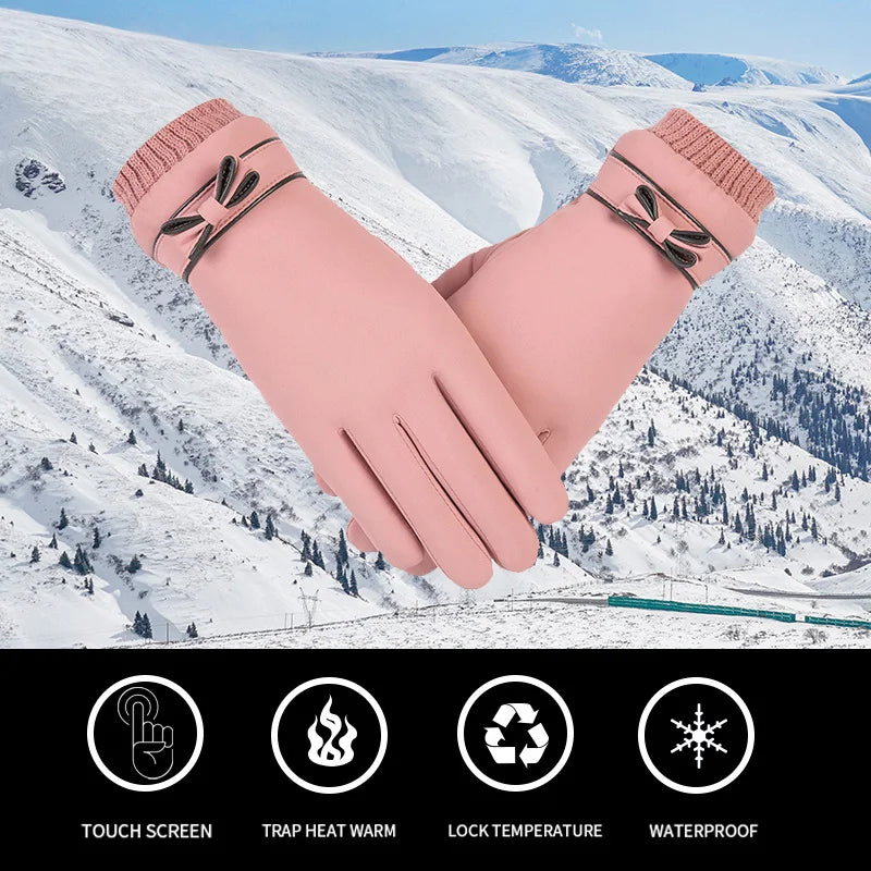 Modische Winterhandschuhe für Damen, winddicht, mit Innenplüsch, warm, Touchscreen, hautfreundlich, weiche PU-Lederhandschuhe für Damen