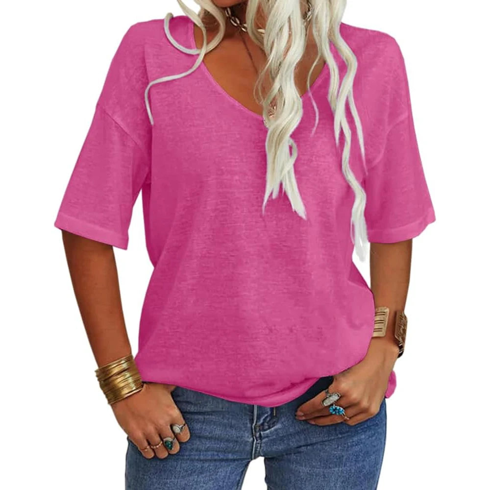 Women Fashion V-neck Half Sleeves Oversized T Shirt Solid Casual Loose Basic Tops