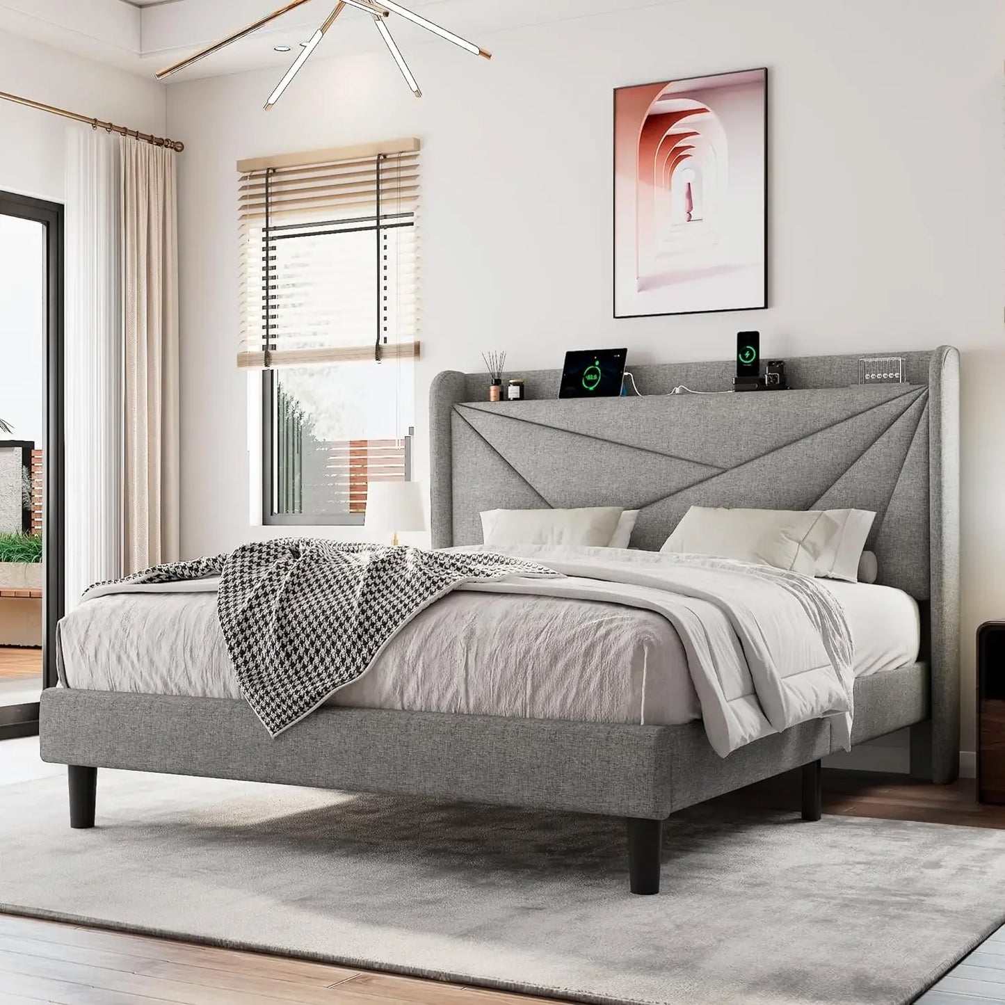 Full Size Upholstered Bed Frame with Charging Station, Platform Bed Frame with Storage Headboard, Solid Wood Slats Support