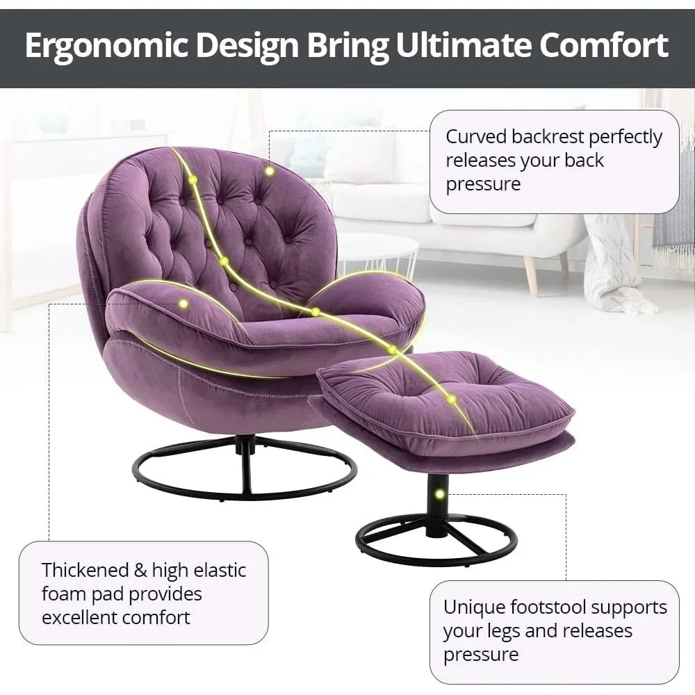 Velvet Swivel Accent Chair with Ottoman Set,  Comfortable Single Leisure Sofa Chair with 360 Degree Swiveling,Living Room Chairs