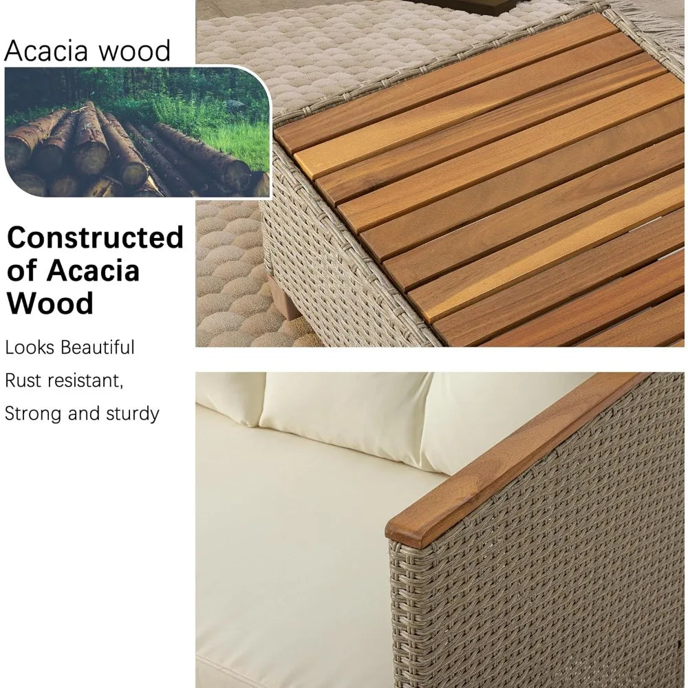 Patio Furniture Set, All Weather Rattan Wicker Conversation Set with Acacia Wood Coffee Table, 3 Piece Outdoor Sectional Sofa