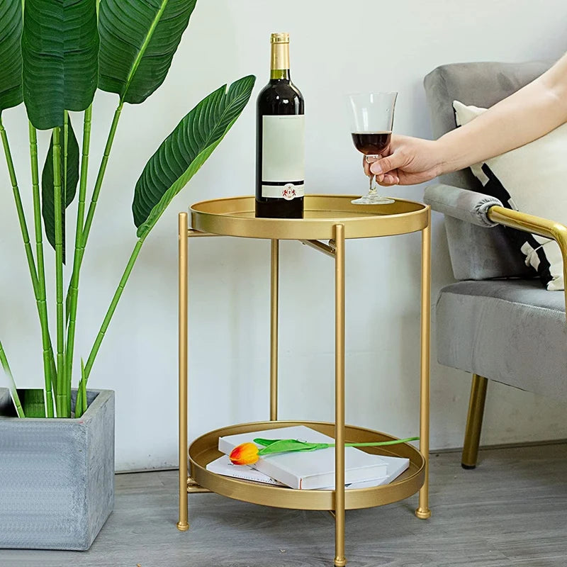 2 Tier Metal Side Table Removable Tray Gold End Table Small Accent Table Sofa Side Snack Table For Living Room Bedroom