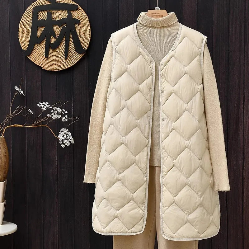 Plus Size Female Korean V-neck Casual Ultra Light Vest Coat Autumn Winter Women X-Long White Duck Down Warm Sleeveless Jackets