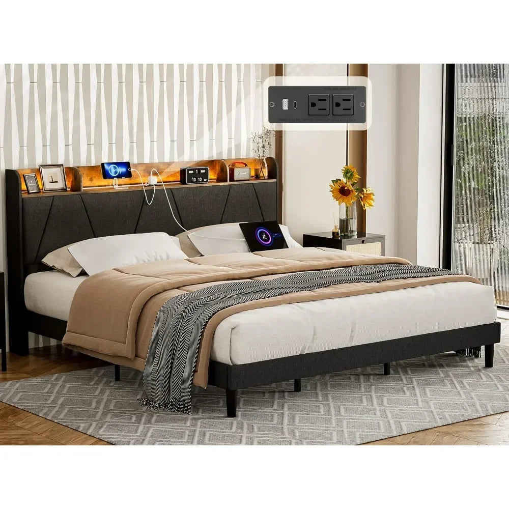 California King Bed Frames with Charging Station & Storage Shelf Headboard with USB Ports Upholstered Cal King LED Bed Frame