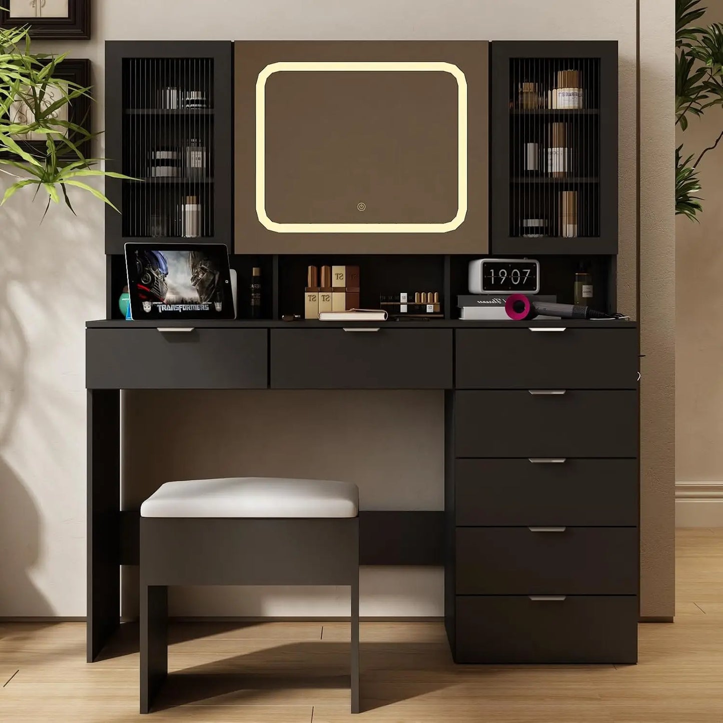 Vanity Table Set with LED Lighted Mirror, Makeup Vanity Desk with Charging Station Storage Cabinets & Drawers Cushioned Stool