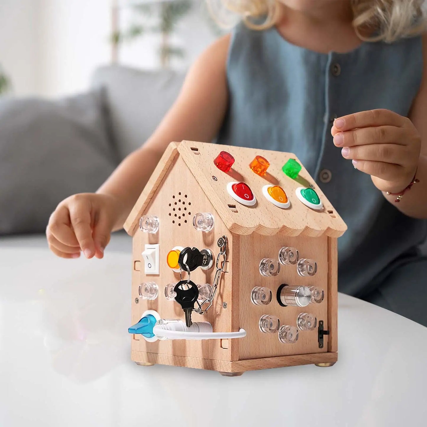 Wooden House Lights Switch Busy Board Toys with Buttons, Fine Motor Skill,