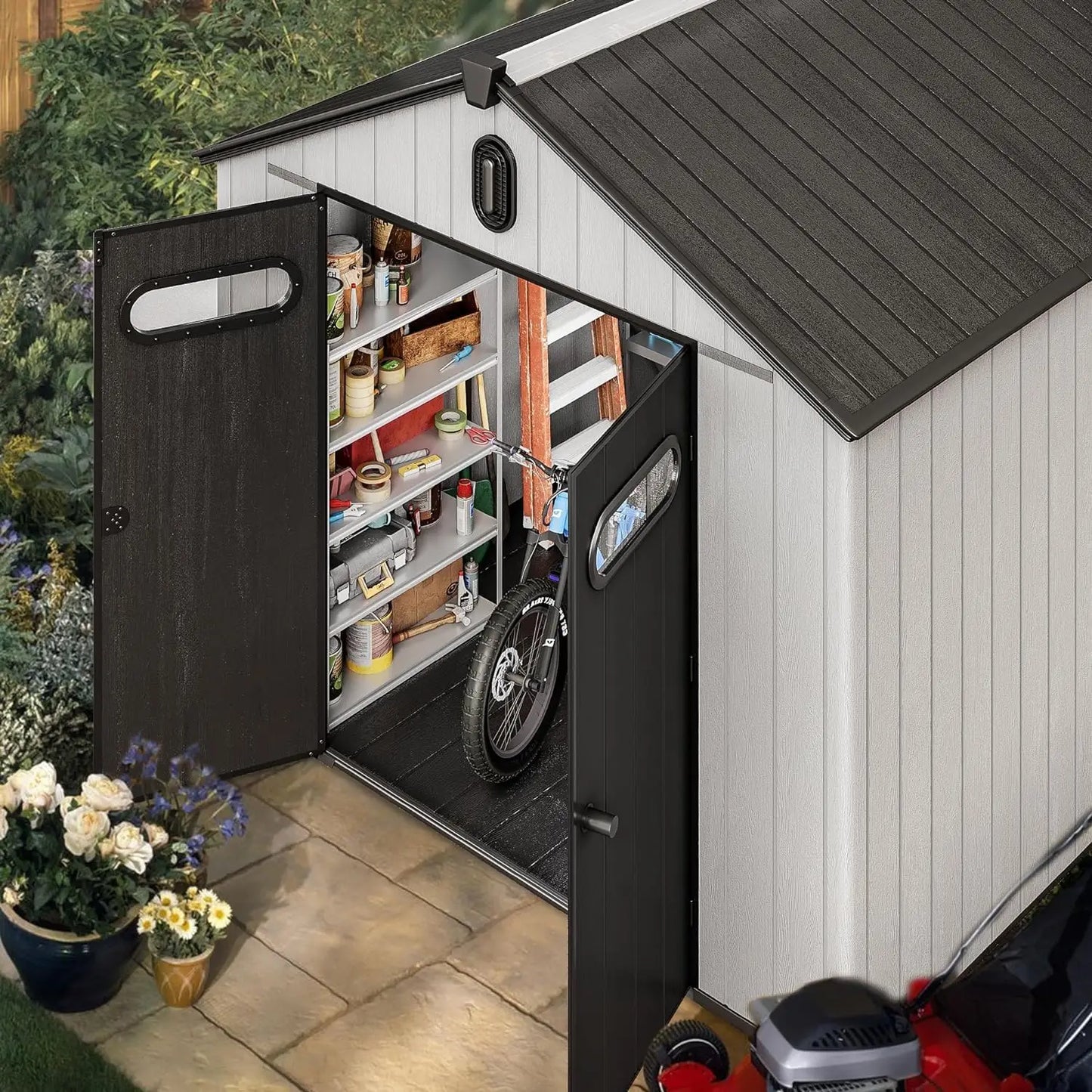 8x8ft Outdoor Resin Storage Shed with Floor, Waterproof Garden Shed with Lockable Door, Windows & Vents, Plastic Tool Storage