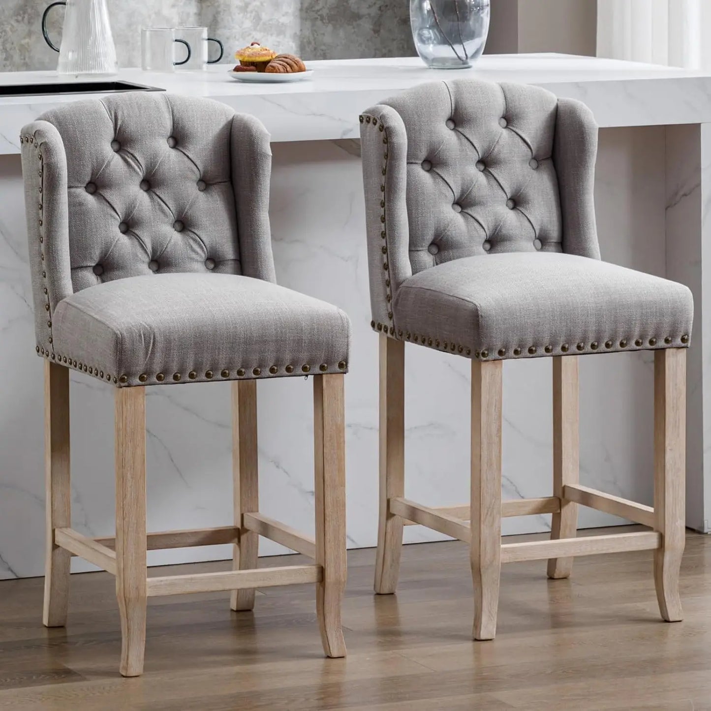 Bar Stools 26 Inch Counter Height Set of 2, Linen Upholstered Counter Chairs with Back, Armless Barstools Breakfast Stools