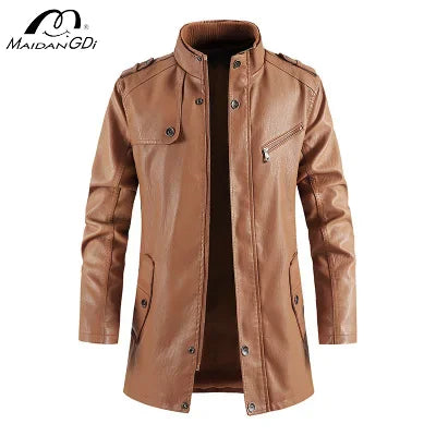 MAIDANGDI  Men's Mid To Long Length Jacket Stand Up Collar Solid Color Trench Coat Leather Jacket Casual Top  Artificial Leather