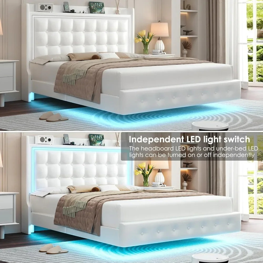 Upholstered Floating Bed Frame with LED Lights and Charging Station,Pu Leather Platform Bed with Button Tufted Storage Headboard