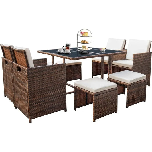 Rattan Chairs with Glass Table, Patio Dining Sets, Outdoor Furniture, Cushioned Seating and Back, Space Saving, 9 Pcs