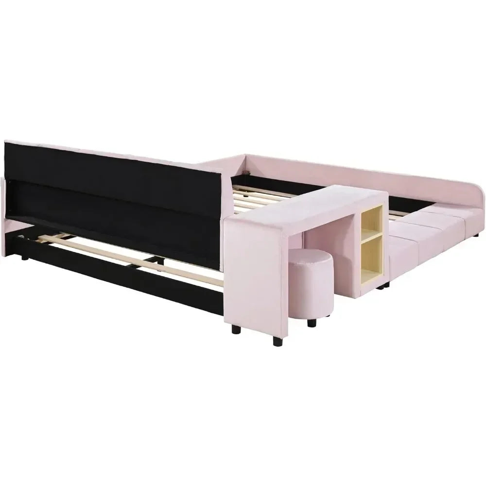 Upholstered Grounded Bed Platform Bed,with Bedside Desk and Little Round Stool Wooden Queen Size Mother & Child Bed Frame