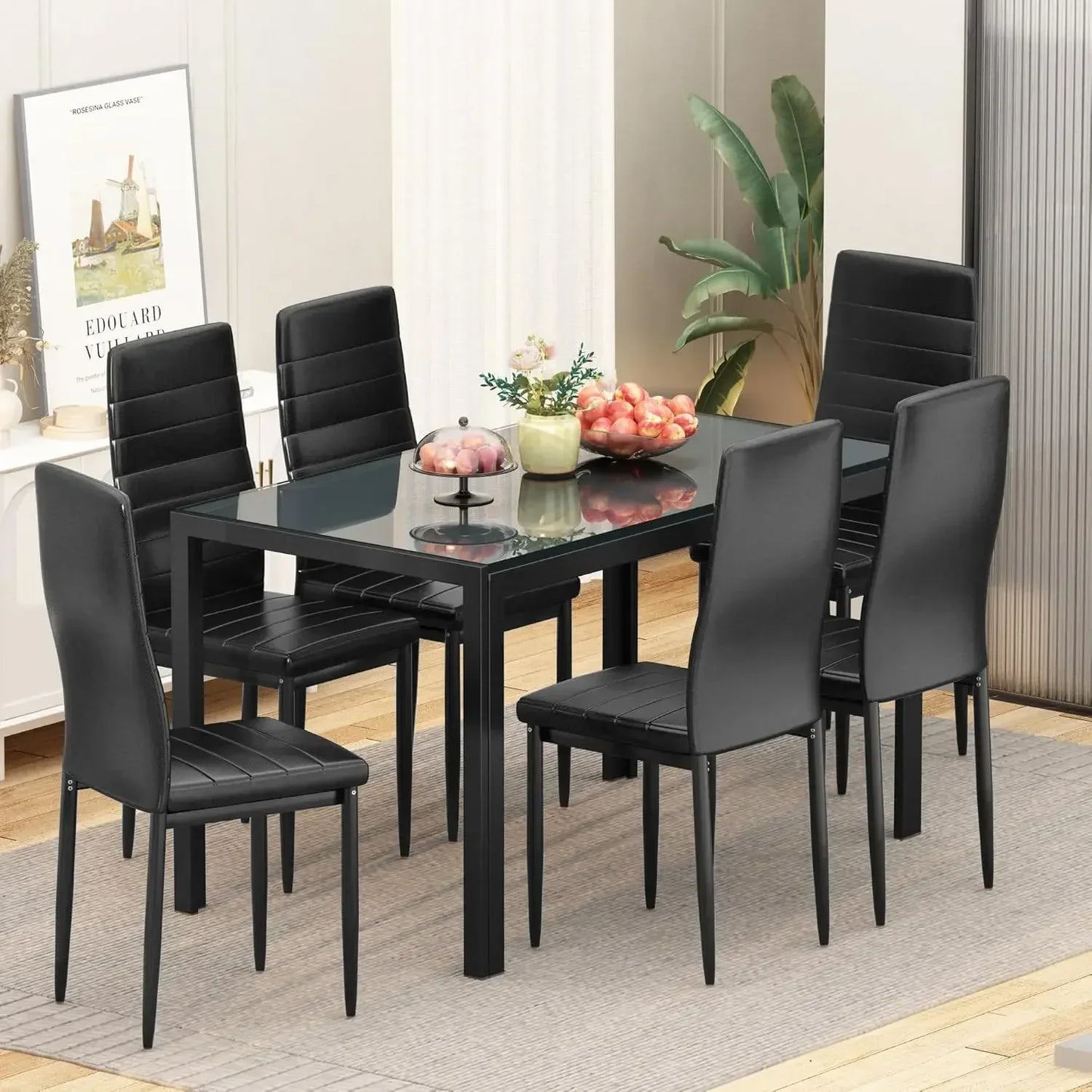 7 Piece Kitchen 6 Person, Tempered Glass Table and PU Leather Chairs Modern Dining Room Sets for Small Space,Dining Room Sets