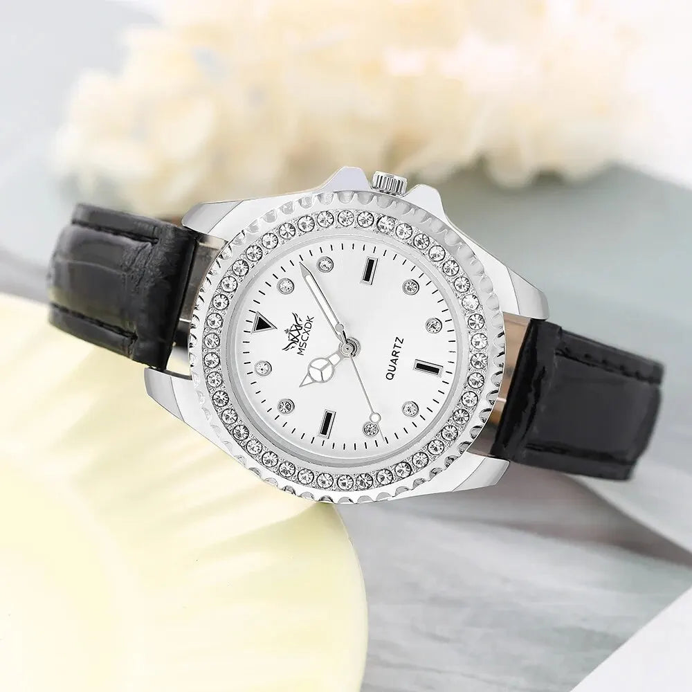 2PCS Set Women Fashion Casual Leather Belt Watches Glasses Ladies Rhinestone Dial Quartz Wristwatches Dress Clock Montre Femme