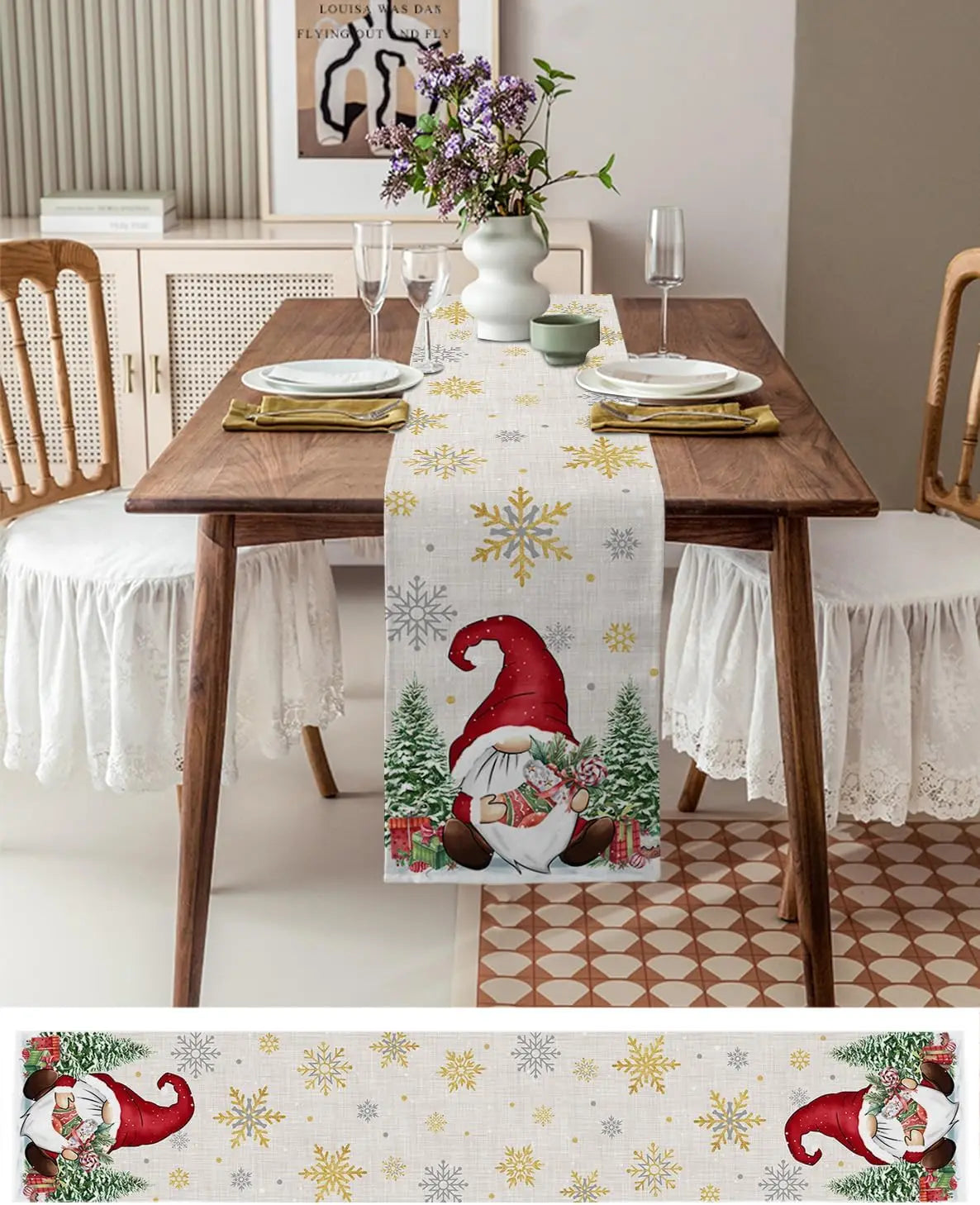 Christmas Gnome Snowflake Pine Tree Linen Table Runners Winter Xmas Holiday Kitchen Party Table Decor Christmas Decorations 2025