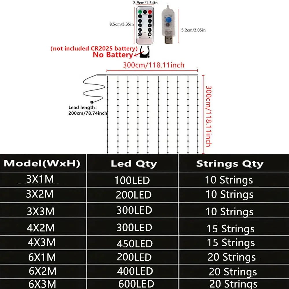 Christmas Decoration for Home Curtain LED String Lights Remote Control Wedding Fairy Garland Light for Bedroom Outdoor Home