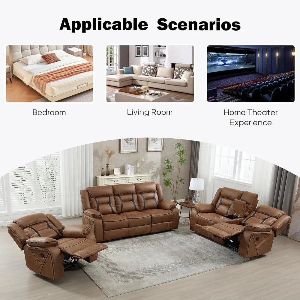 Faux Leather Recliner Sofa Furniture Set for Living Room, Recliner Chair, Manual Loveseat (Recliner+Loveseat+Sofa)