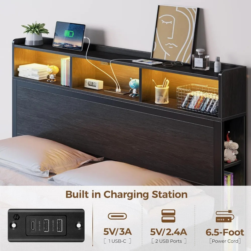 Bed Frame with Storage Headboard, Metal Platform Charging Station, LED 4 Drawers, Bookcase Storage, Easy Assembly Bed Frame