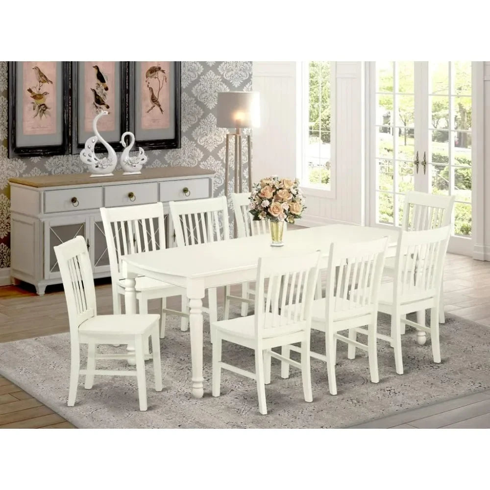 a Rectangle Dinner Table with Butterfly Leaf and 8 Dining Room Chairs, 42x78 Inch, Linen White