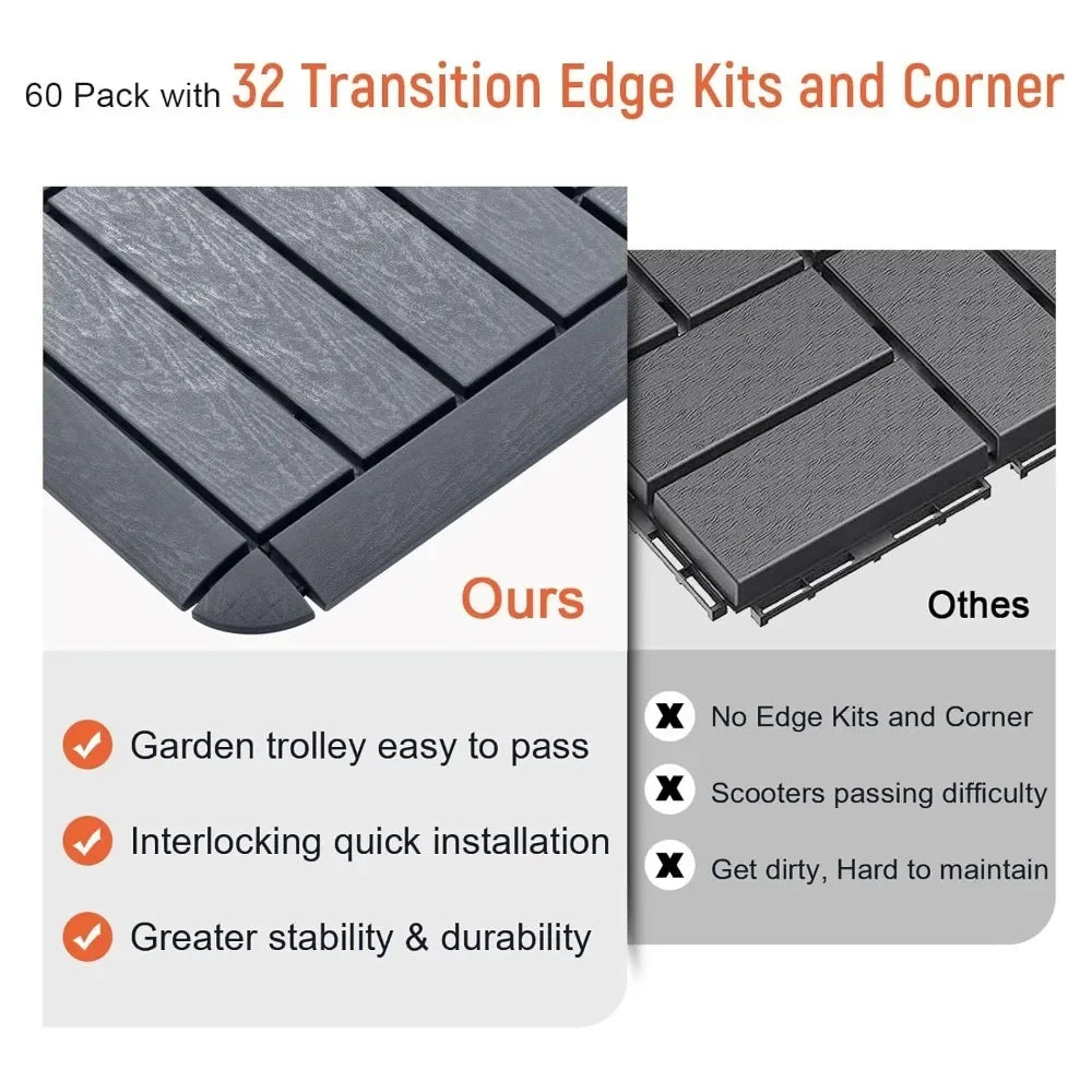 Garden flooring, 60 pack interlocking, with 32 transition edge kits 11.8 "x11.8" Patio tile waterproof outdoor, garden flooring