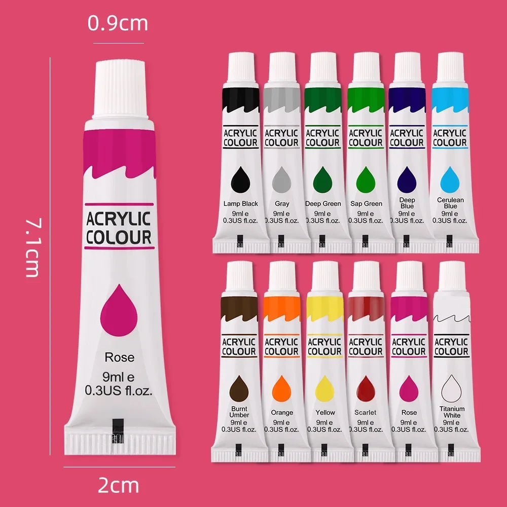 12 Color Acrylic Paint Set 9ml Tubes Waterproof Art Supplies for Beginner Artists DIY Painting on Canvas Wall Art Craft Projects