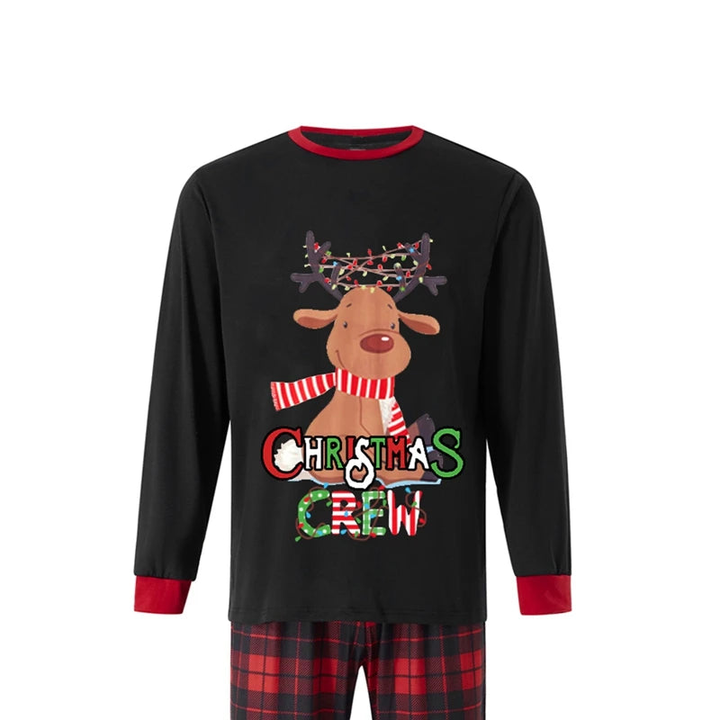 Christmas Matching Pajamas Elk Print Long Sleeve Shirt and Plaid Pants Set Loungewear Soft Sleepwear