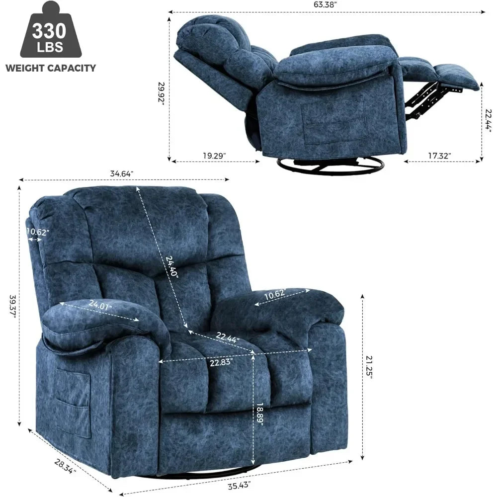 Recliner Chair Massage Rocker Swivel Heated with Hideable Cup Holders, for Adults Living Room (9020-Blue9),Living Room Chairs