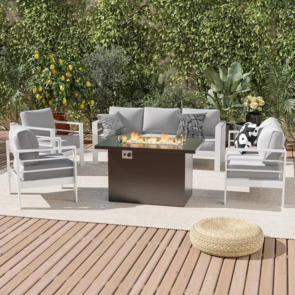 Patio Furniture Set, with Fire Pit, 7 Seats Modern Outdoor Furnitures with Thickness 5" Cushion, Outdoor Garden Furniture Sets