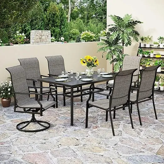 7 Piece Patio Dining Set,6 Padded High Back Patio Dinings Chairs & Brown Metal Slat Table Top,Outdoor Dining Set for Garden Yard