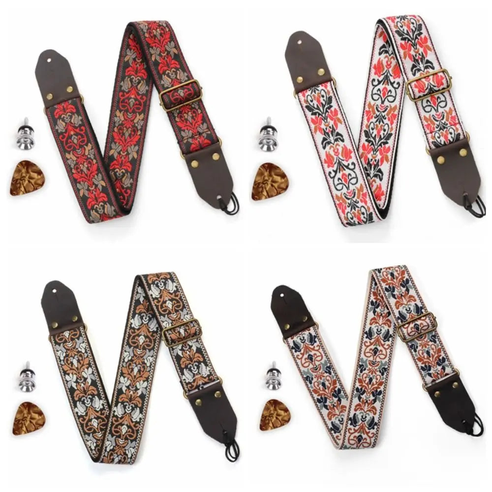 Vintage Flowers Embroidered Guitar Strap Leather Head Adjustable Guitar Strap Belt Cotton Tail Nail Pick Electric Guitar Belt