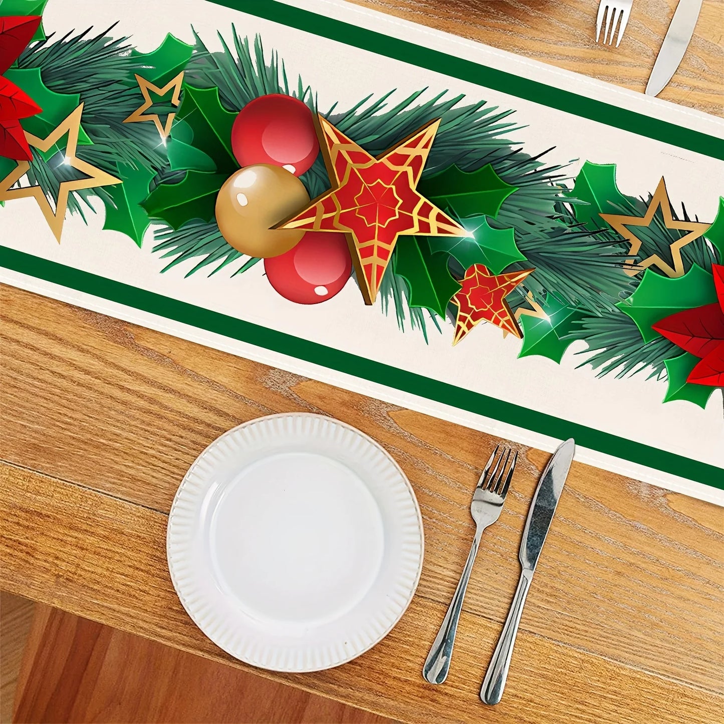 Merry Christmas Poinsettia Pine Linen Table Runner Dresser Scarf Winter Xmas Holiday Kitchen Party Decor Navidad Decoration 2025