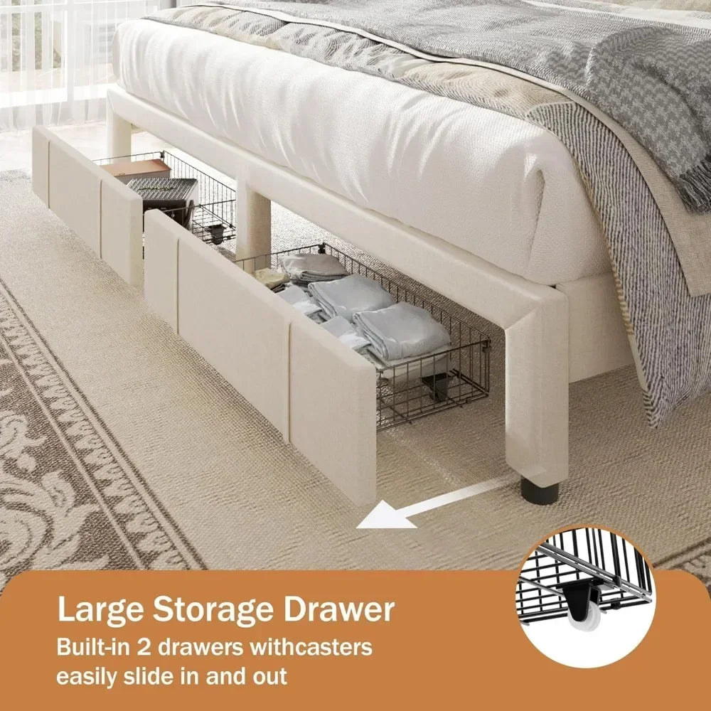 Bed Frame,Upholstered Platform Bed with Storage Drawers No Box Spring Needed Headboard and Charging Station bedstead