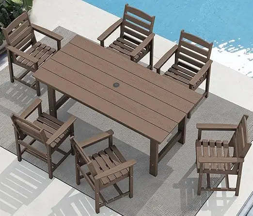 7-Piece Outdoor Dining Table Sets, with Umbrella Hole Cut-Out Table and 6 Chairs, Patio Dining Set for 6, Garden Furniture Sets