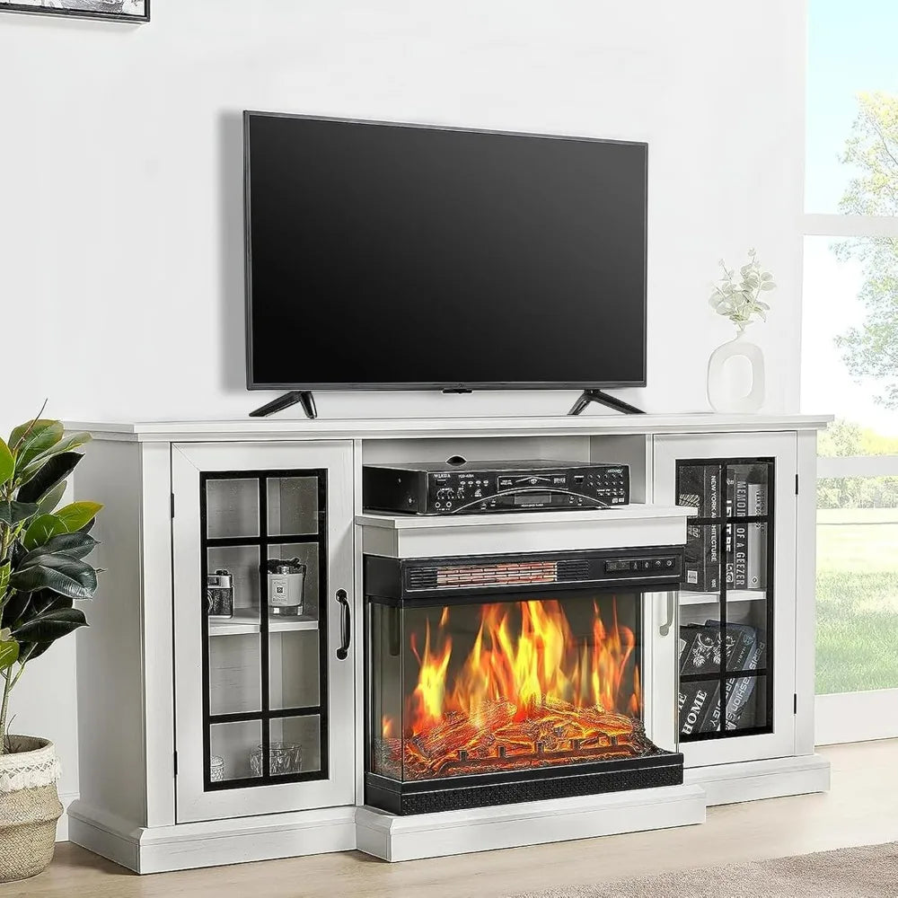 Table for Tv Consoles Cabinet Fireplace TV Stand With 3-Sided Glass Electric Fireplace Distressed White Television Tables Stands