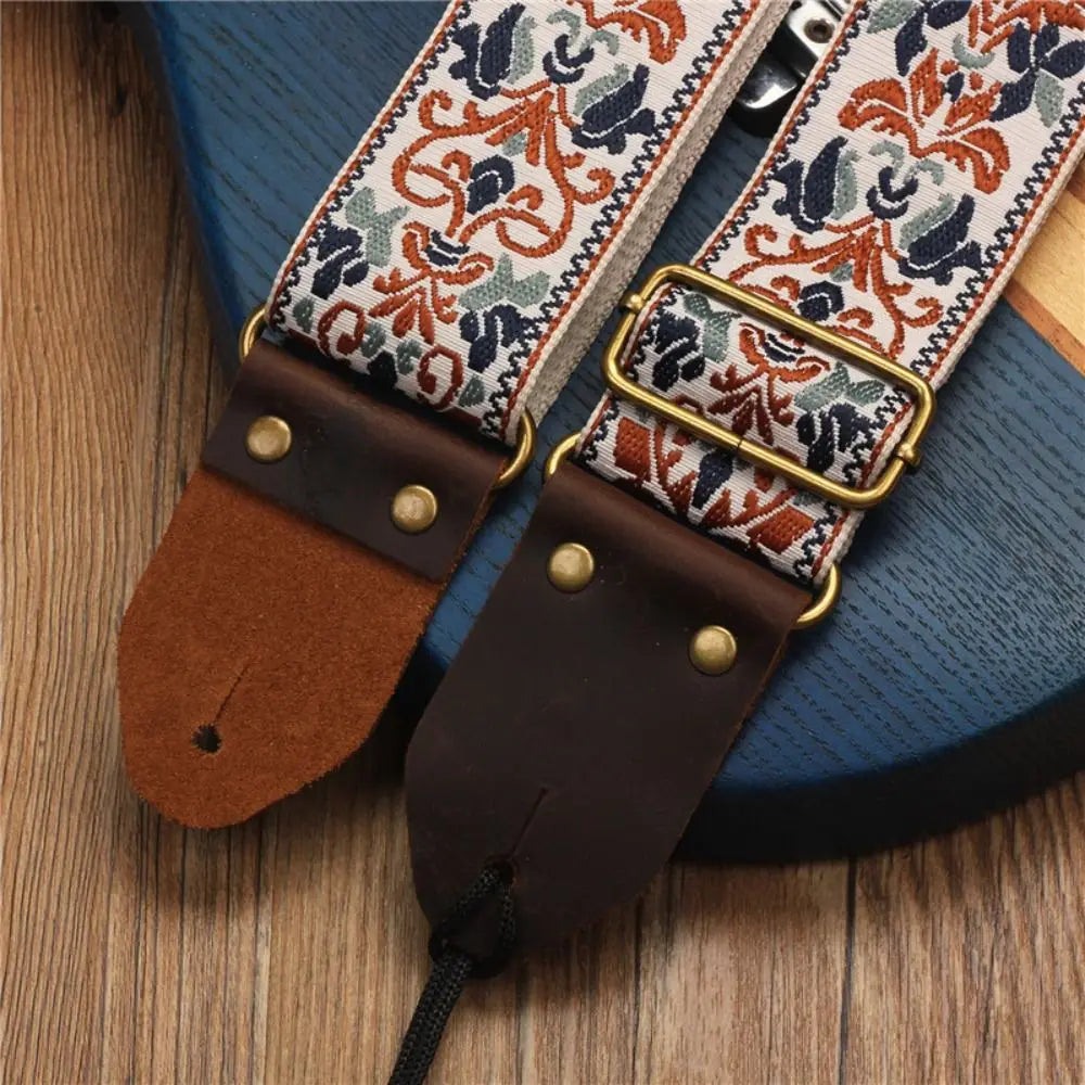 Vintage Flowers Embroidered Guitar Strap Leather Head Adjustable Guitar Strap Belt Cotton Tail Nail Pick Electric Guitar Belt