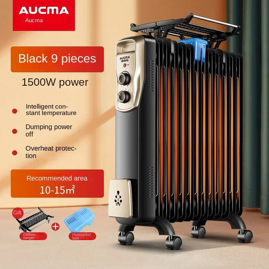 220V Aucma Electric Oil Filled Heater, Silent Energy-Saving Radiator for Home, Full House Space Heating