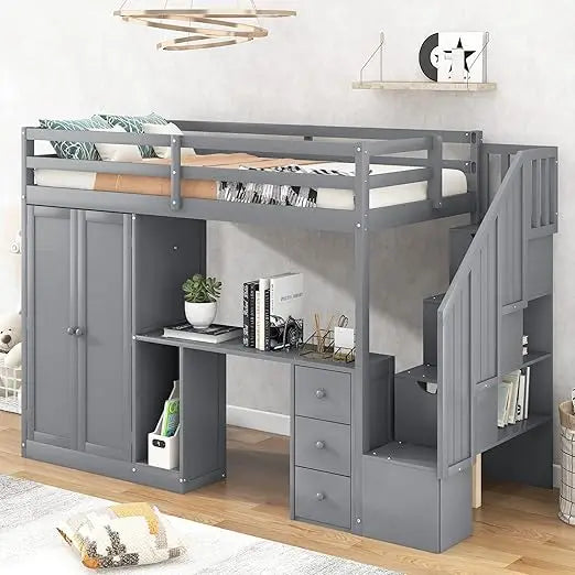 Loft Bed ,with Wardrobe,6 Storage Staircase, 3 Drawers and Cabinet, Twin Size Loft Beds for Family, Teens, Wood Bunk Bed Frame