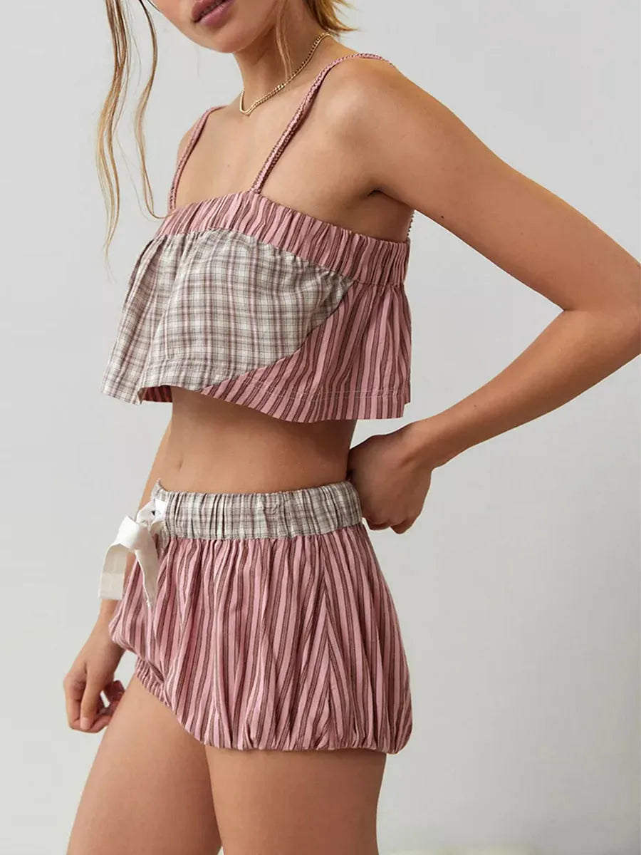 Women Y2k 2 Piece Shorts Outfits Sleeveless Crop Cami Top and Bloomer Shorts Set Cute Stripe Plaid Patchwork Pajamas Hotsweet