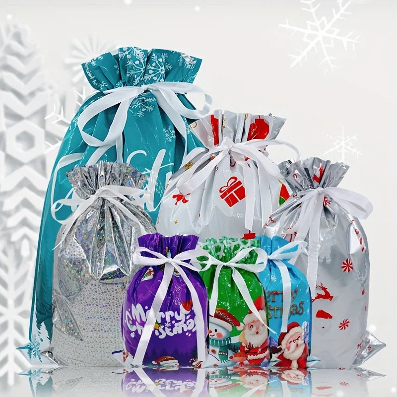 21pcs Christmas Gift Bags Drawstring Wrapping Sacks Festive Holiday Presents Packaging, Xmas Themed PP Party Favor candy Bag